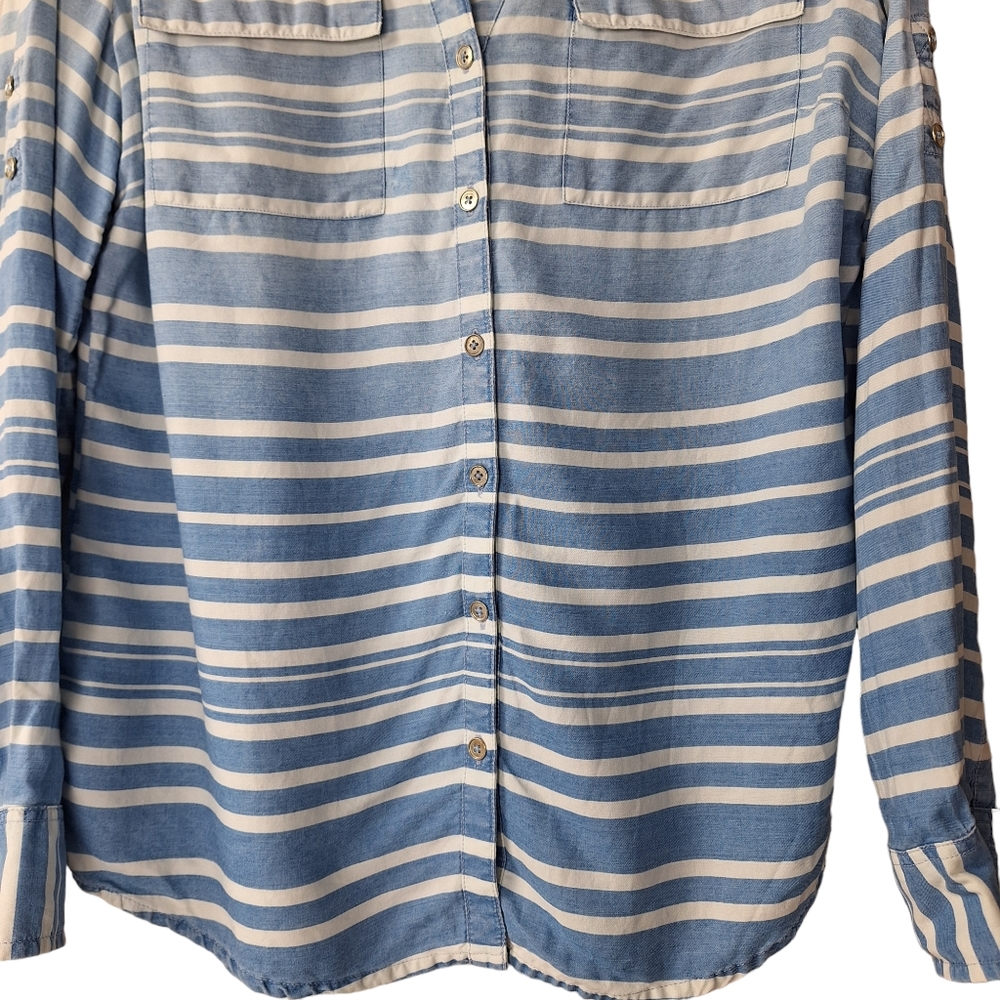 New York & Company Blue White Stripe Button‎ Up Shirt - Picture 4 of 15